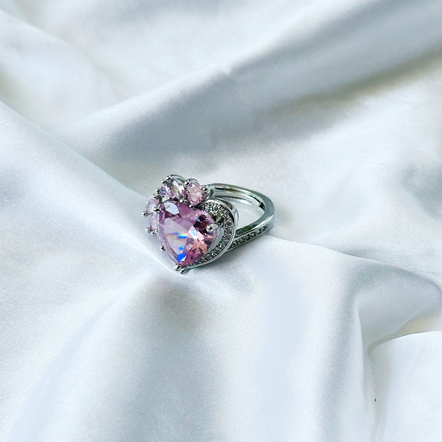 Pink Topaz Cubic Zirconia Ice Cut American Diamond Silver Plated Adjustable Ring