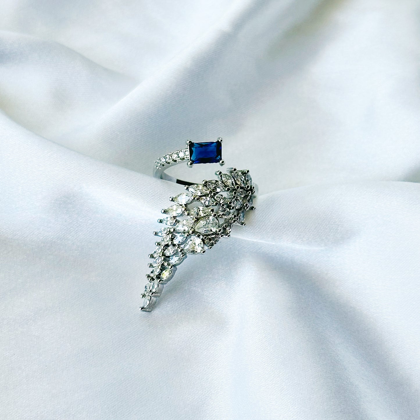 Blue Sapphire Cubic Zircon American Diamond Silver Plated Adjustable Ring