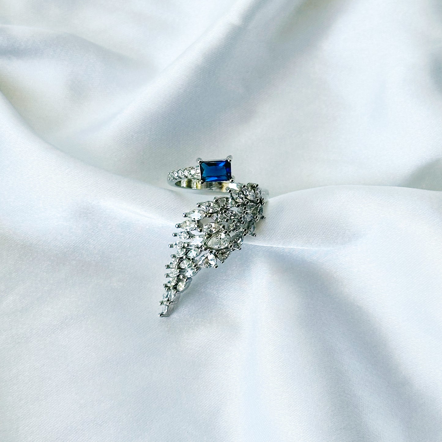 Blue Sapphire Cubic Zircon American Diamond Silver Plated Adjustable Ring