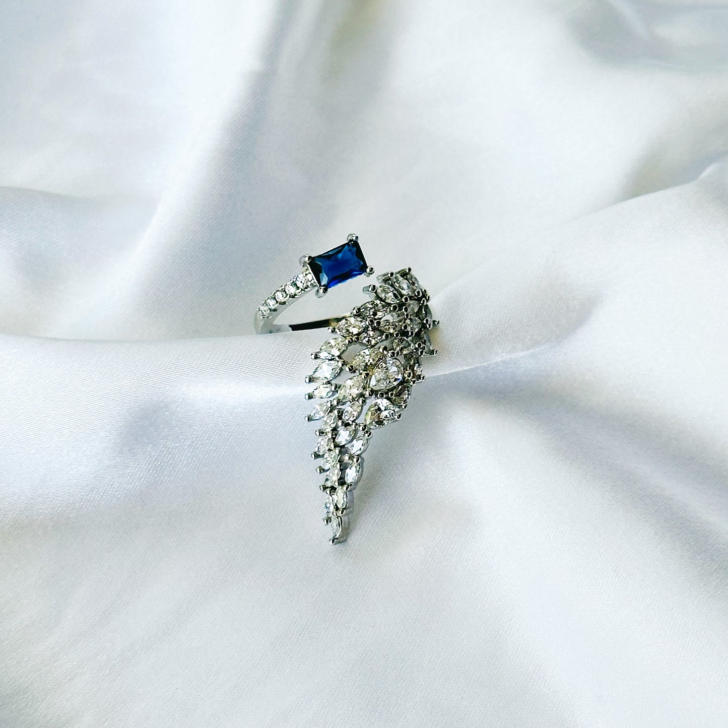 Blue Sapphire Cubic Zircon American Diamond Silver Plated Adjustable Ring