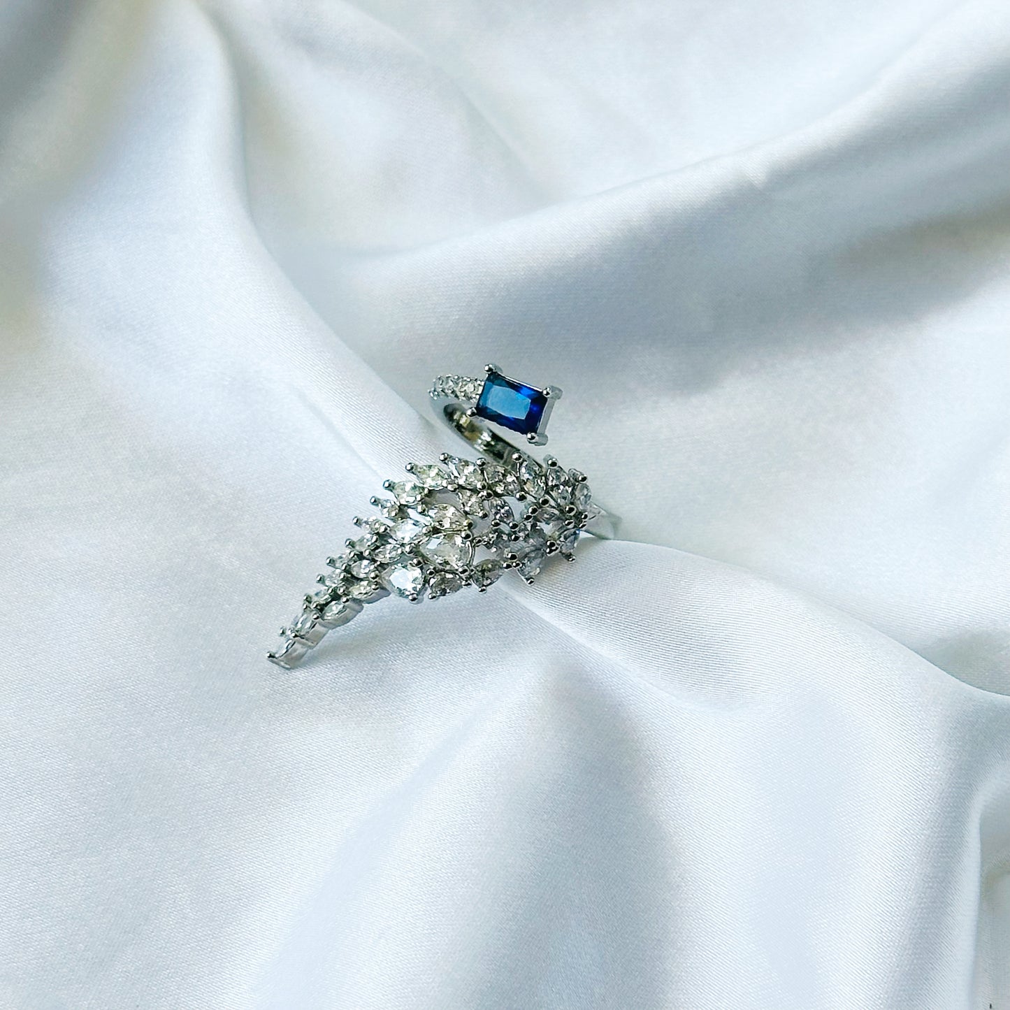 Blue Sapphire Cubic Zircon American Diamond Silver Plated Adjustable Ring