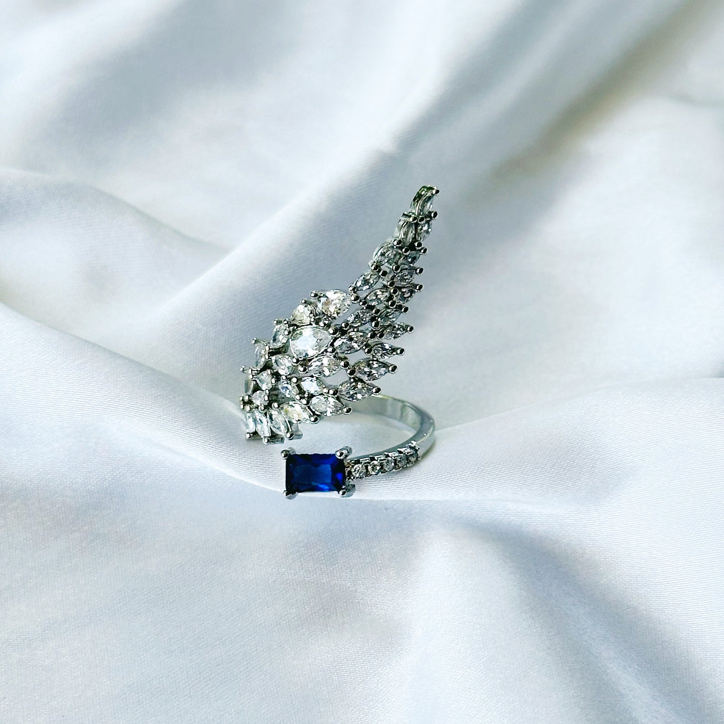 Blue Sapphire Cubic Zircon American Diamond Silver Plated Adjustable Ring