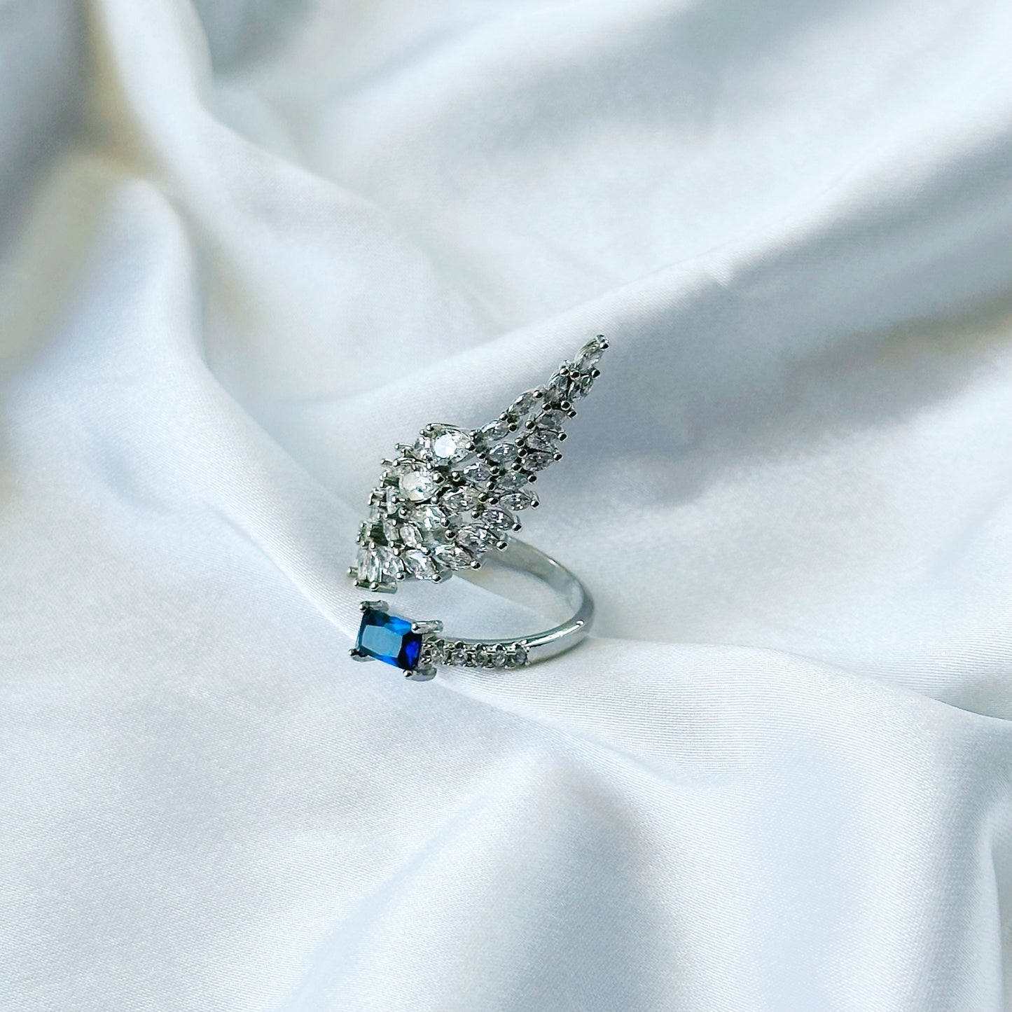 Blue Sapphire Cubic Zircon American Diamond Silver Plated Adjustable Ring
