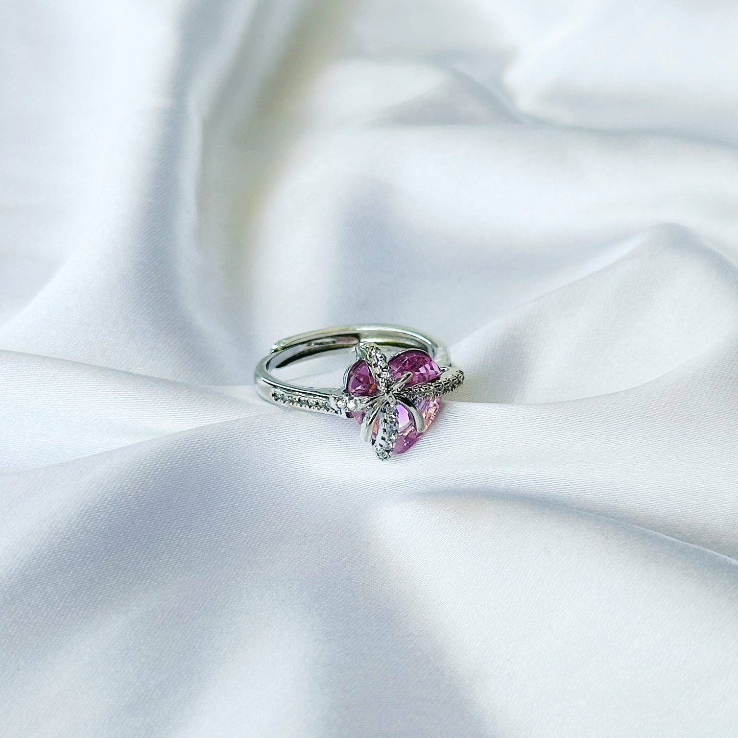 Pink Topaz Cubic Zircon American Diamond Silver Plated Adjustable Ring