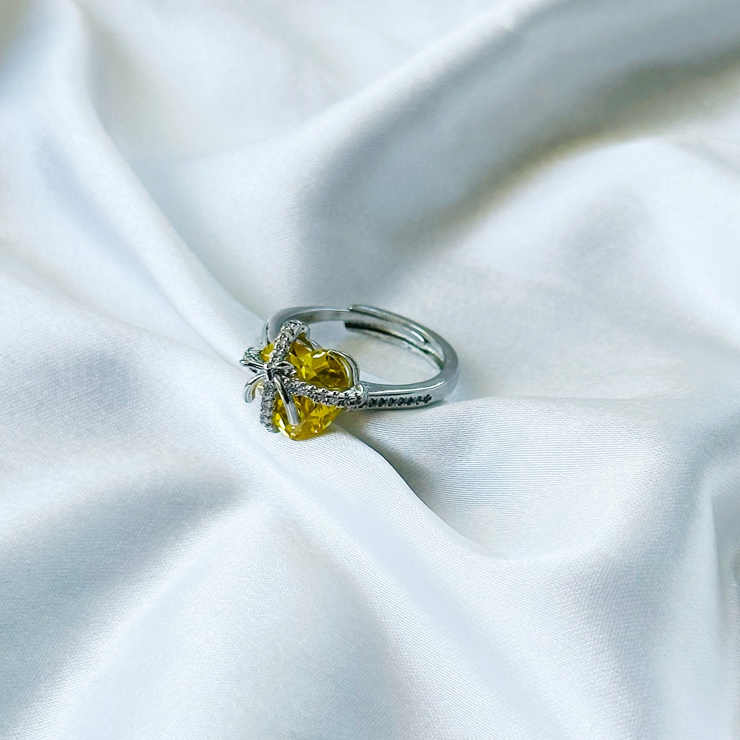 Yellow Topaz Cubic Zirconia Ice Cut American Diamond Silver Plated Adjustable Ring