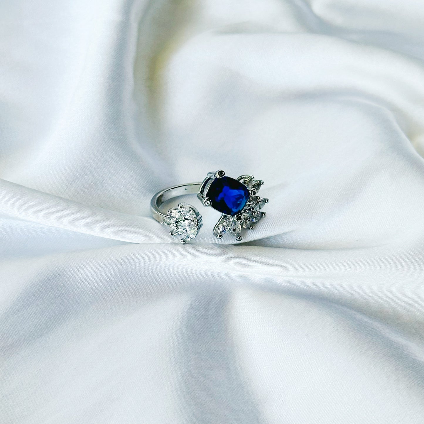 Blue Sapphire Cubic Zircon American Diamond Silver Plated Adjustable Ring