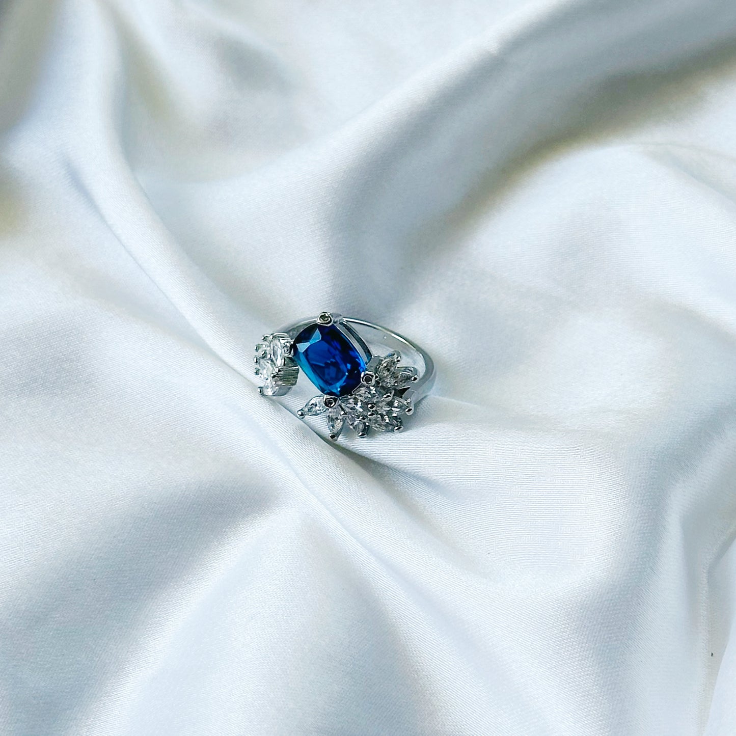 Blue Sapphire Cubic Zirconia Ice Cut American Diamond Silver Plated Adjustable Ring