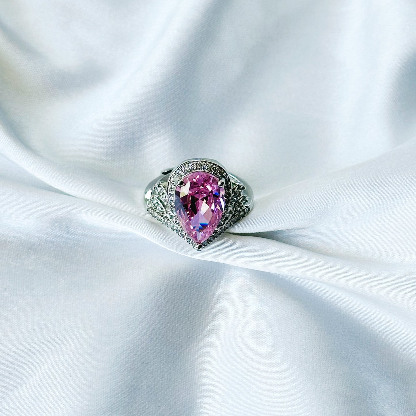 Pink Topaz Cubic Zircon American Diamond Silver Plated Adjustable Ring