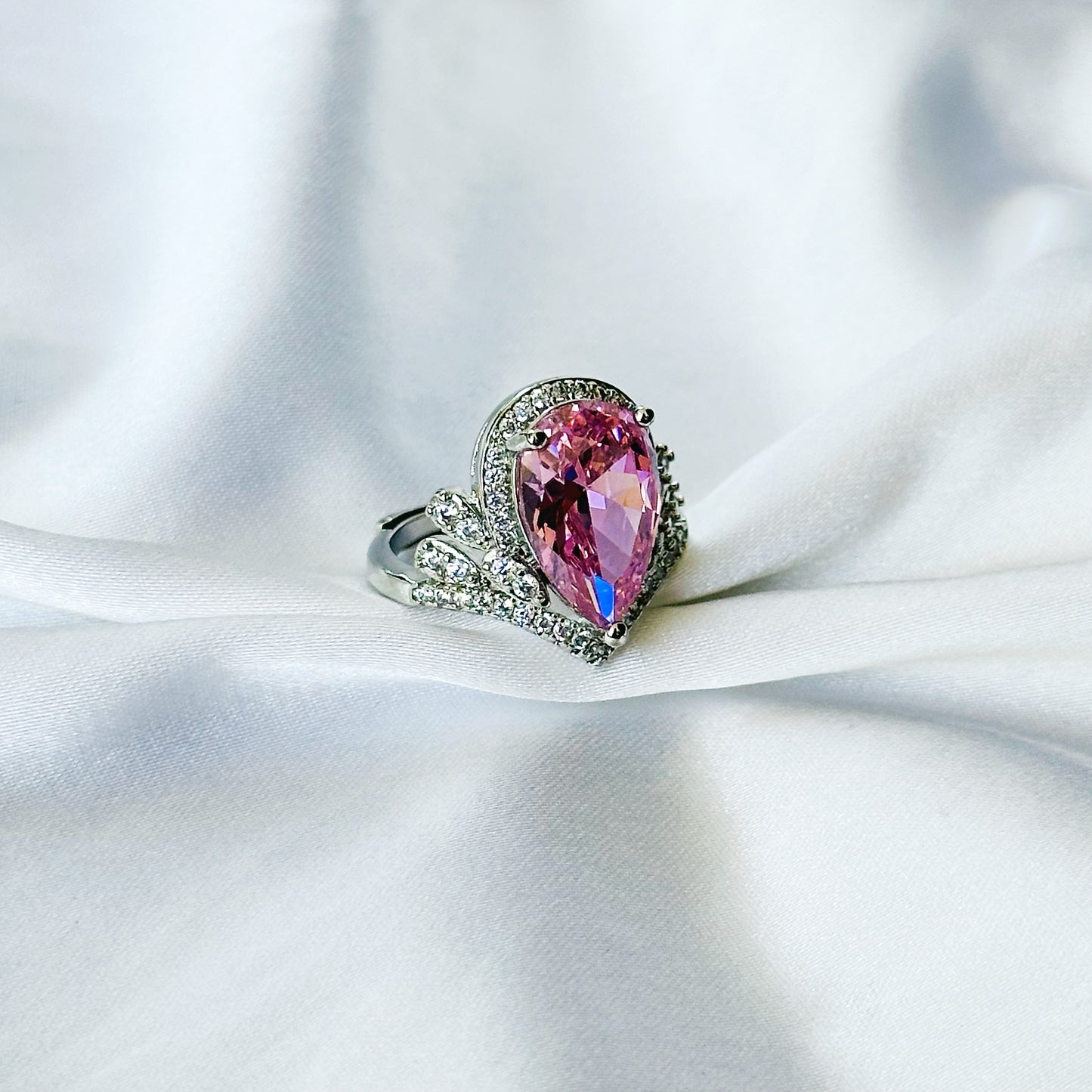 Pink Topaz Cubic Zircon American Diamond Silver Plated Adjustable Ring