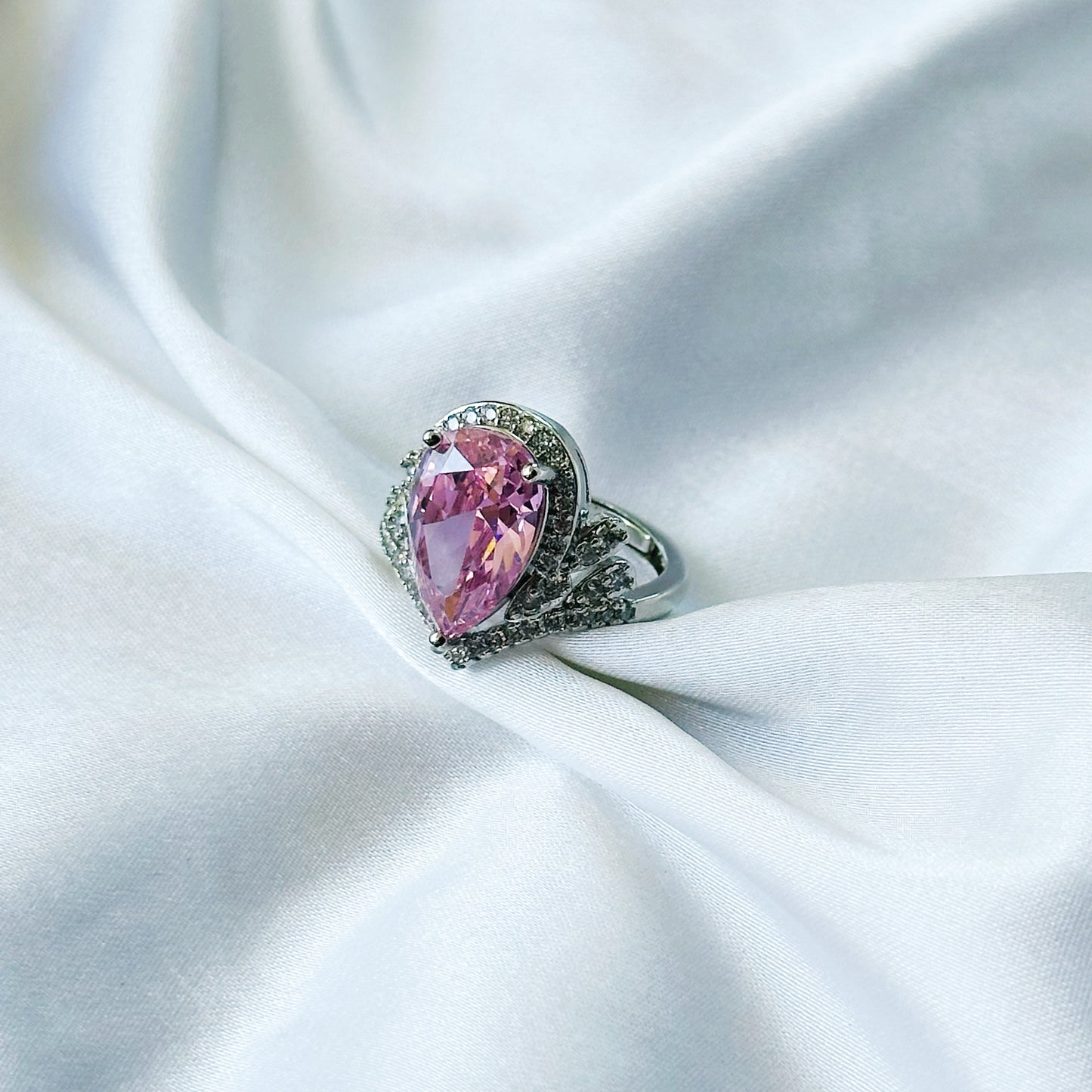 Pink Topaz Cubic Zirconia Ice Cut American Diamond Silver Plated Adjustable Ring