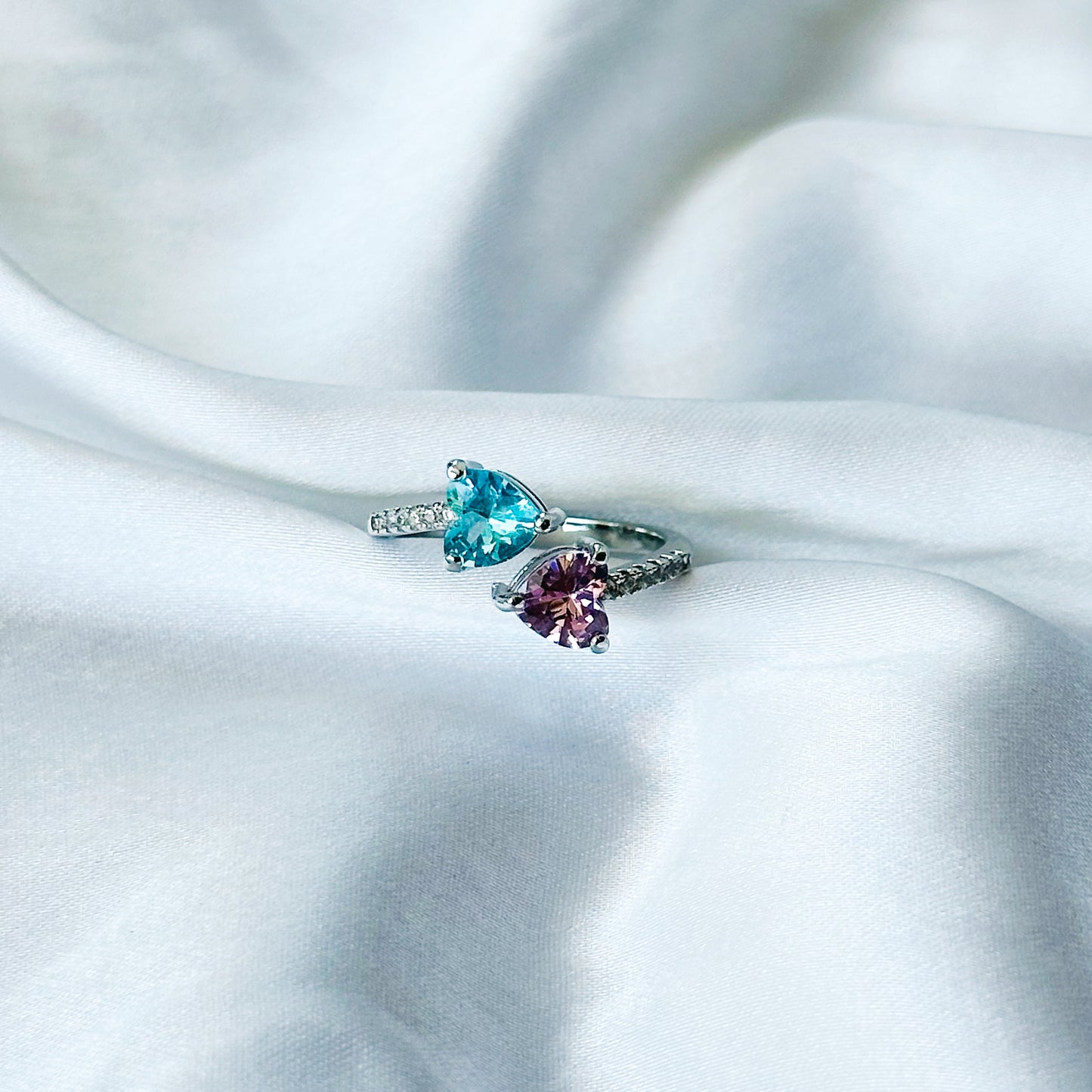 Aqua Blue Sapphire/Pink Topaz Cubic Zircon American Diamond Silver Plated Adjustable Ring