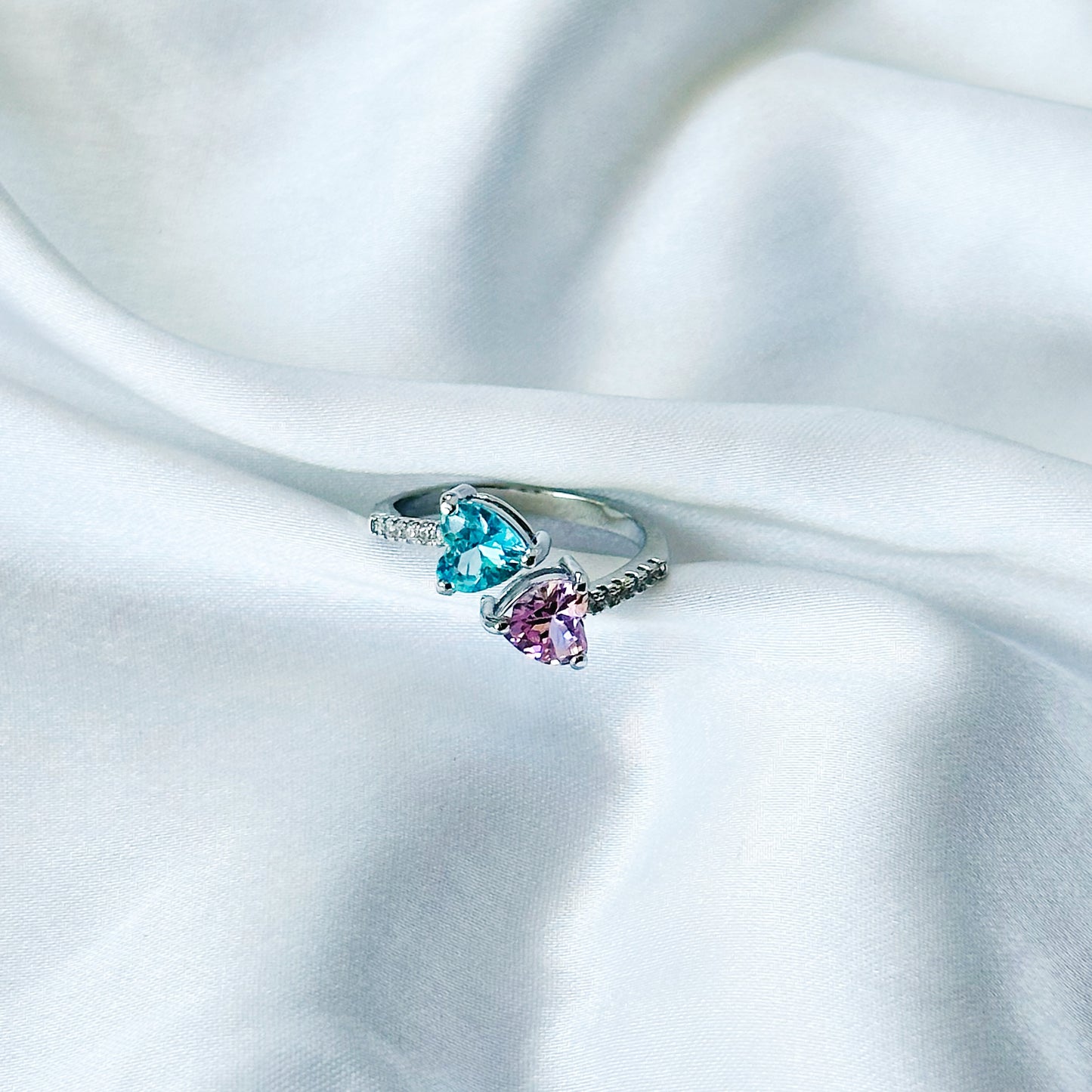 Aqua Blue Sapphire/Pink Topaz Cubic Zircon American Diamond Silver Plated Adjustable Ring