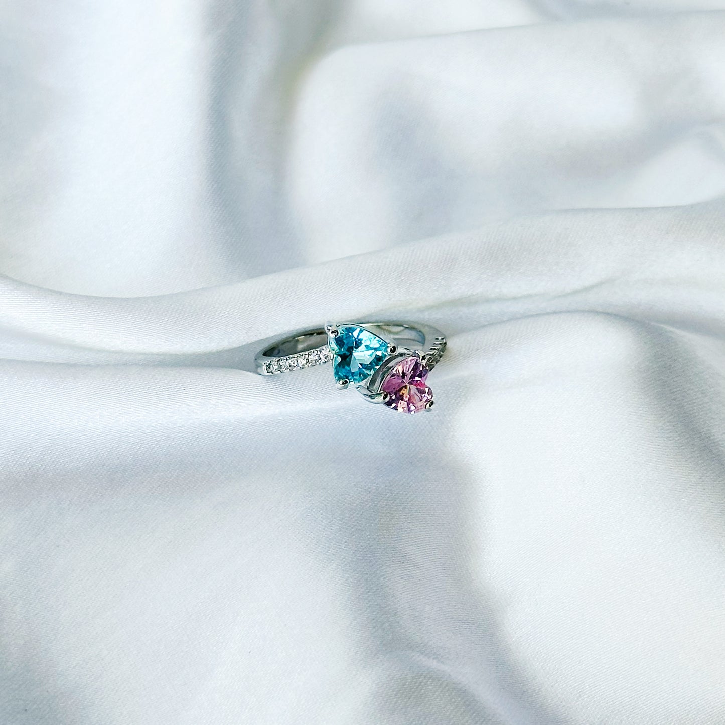 Aqua Blue Sapphire/Pink Topaz Cubic Zircon American Diamond Silver Plated Adjustable Ring