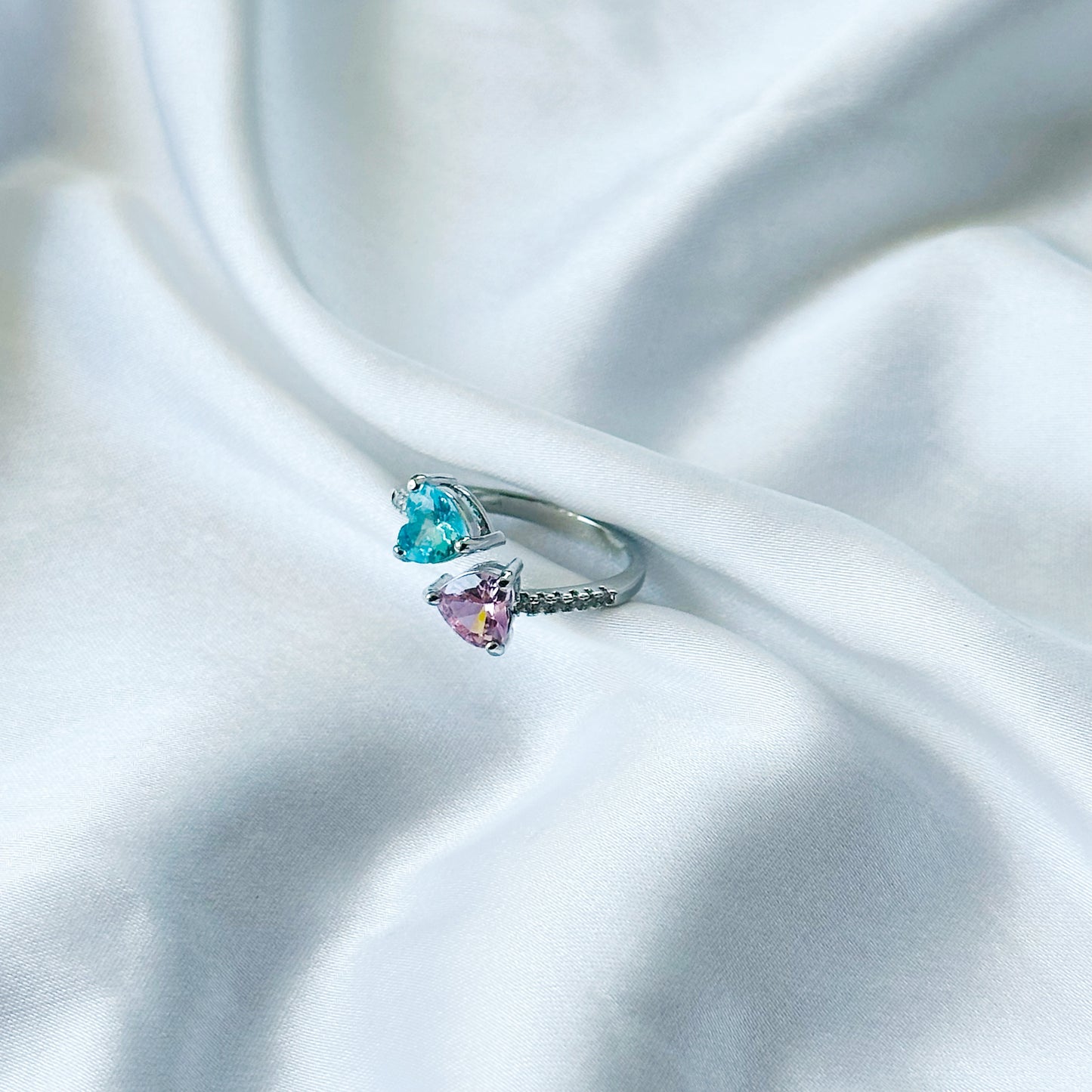 Aqua Blue Sapphire & Pink Topaz Cubic Zirconia Ice Cut American Diamond Silver Plated Adjustable Ring
