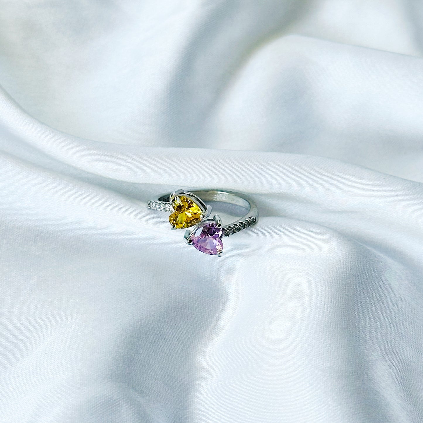 Yellow Topaz/Pink Topaz Cubic Zircon American Diamond Silver Plated Adjustable Ring