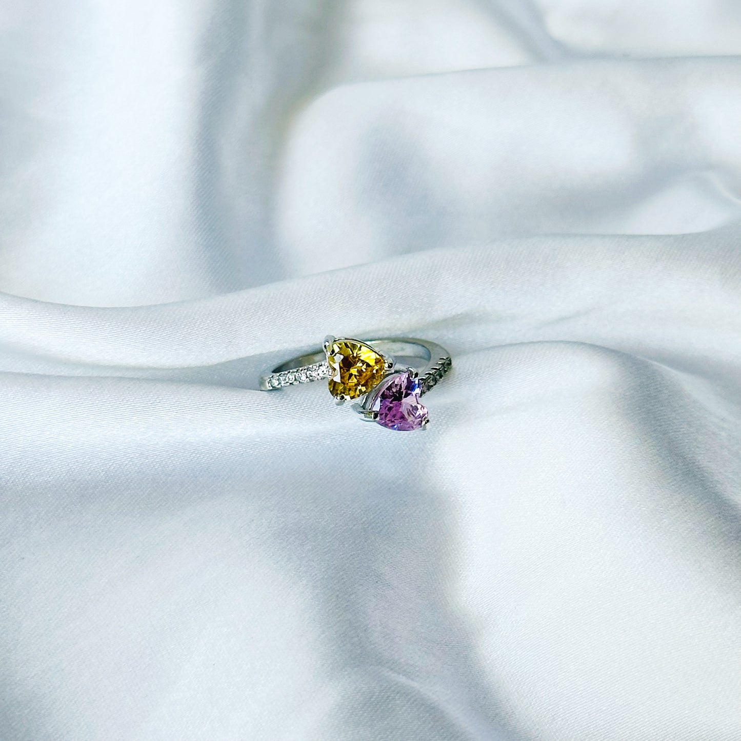 Yellow Topaz/Pink Topaz Cubic Zircon American Diamond Silver Plated Adjustable Ring