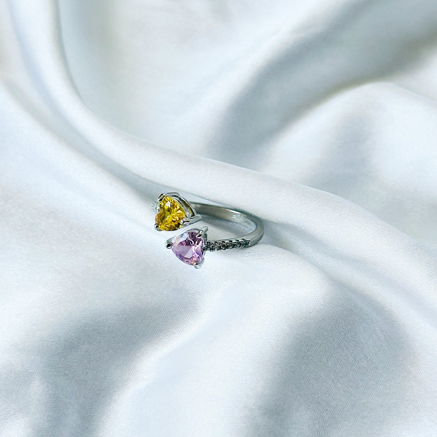 Yellow Topaz & Pink Topaz Cubic Zirconia Ice Cut American Diamond Silver Plated Adjustable Ring