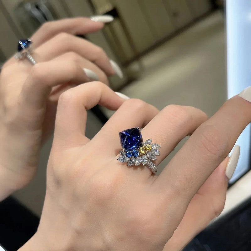 Blue Sapphire/Yellow Topaz Cubic Zircon American Diamond Silver Plated Adjustable Ring