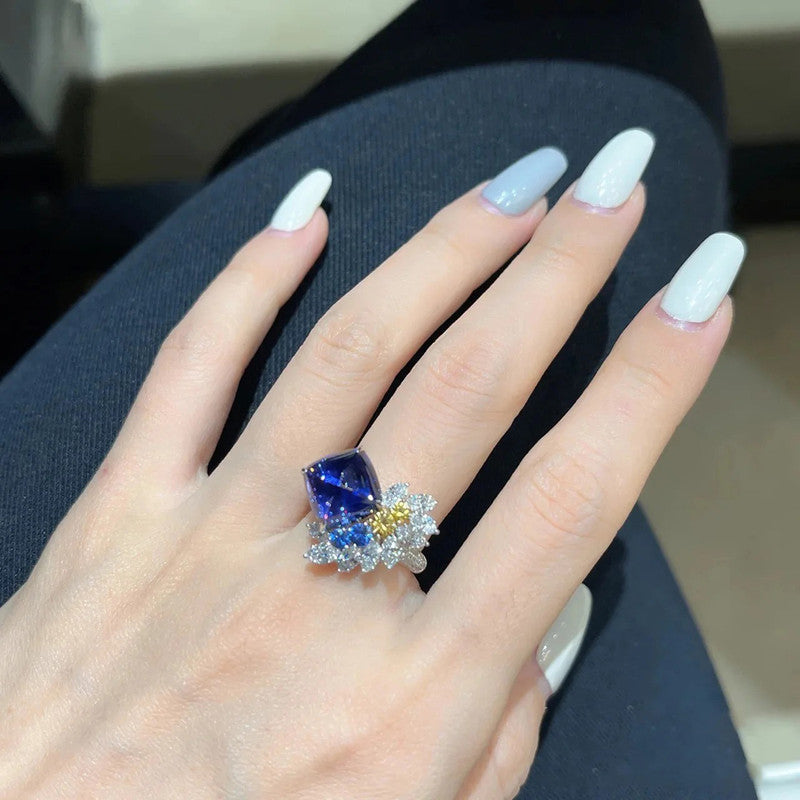 Blue Sapphire/Yellow Topaz Cubic Zircon American Diamond Silver Plated Adjustable Ring