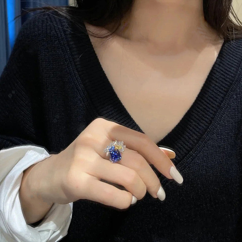 Blue Sapphire/Yellow Topaz Cubic Zircon American Diamond Silver Plated Adjustable Ring