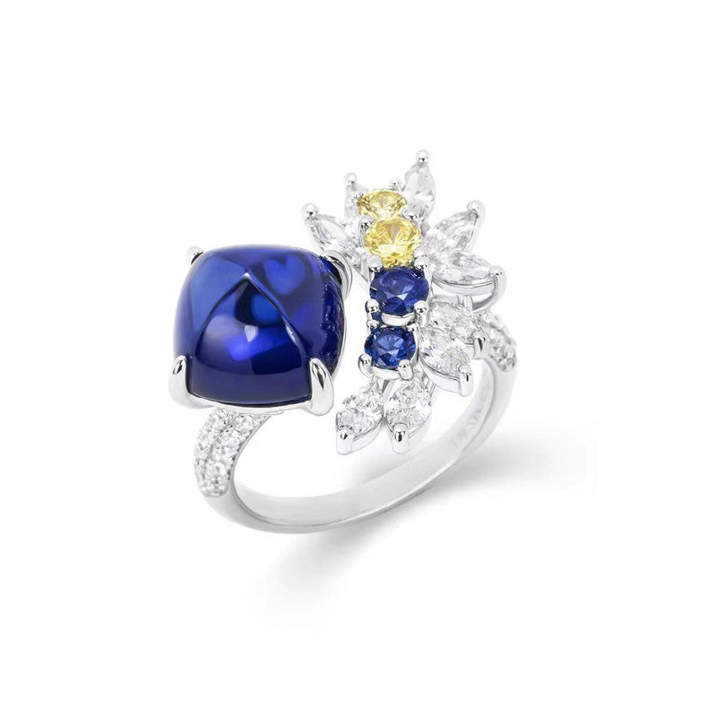 Blue Sapphire/Yellow Topaz Cubic Zircon American Diamond Silver Plated Adjustable Ring