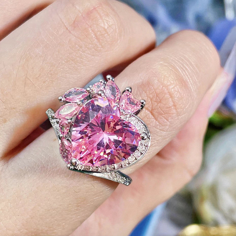 Pink Topaz Cubic Zircon American Diamond Silver Plated Adjustable Ring