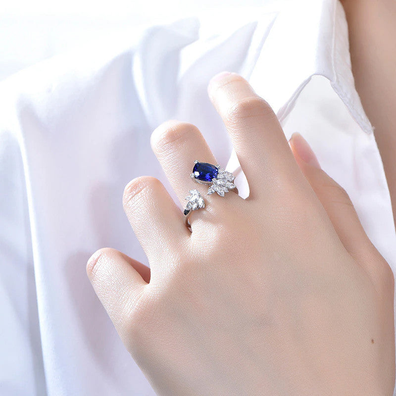 Blue Sapphire Cubic Zircon American Diamond Silver Plated Adjustable Ring