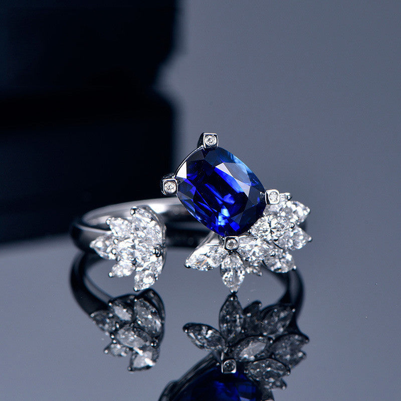 Blue Sapphire Cubic Zircon American Diamond Silver Plated Adjustable Ring