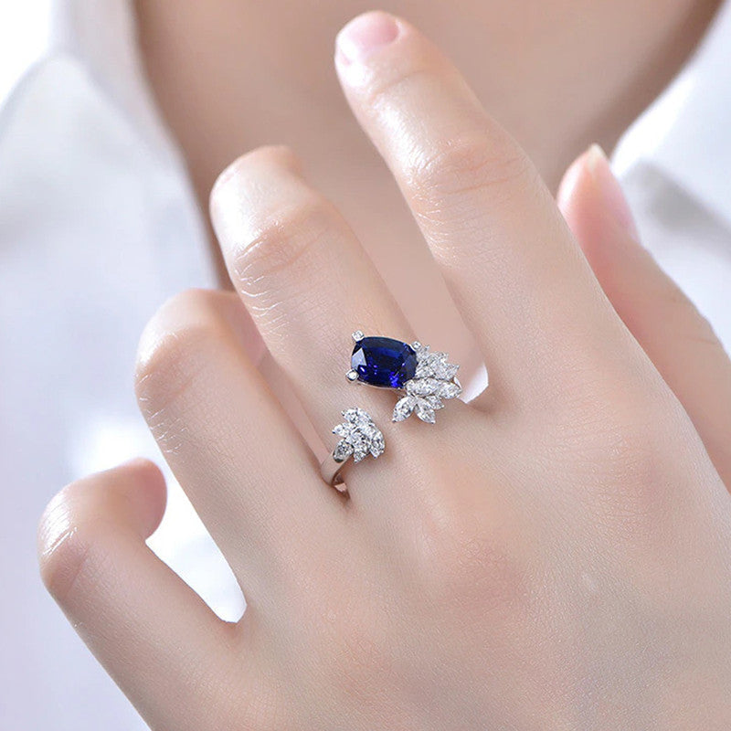 Blue Sapphire Cubic Zircon American Diamond Silver Plated Adjustable Ring
