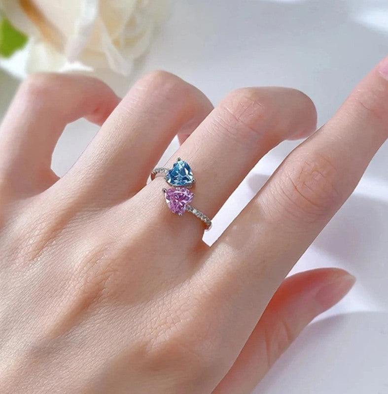 Aqua Blue Sapphire/Pink Topaz Cubic Zircon American Diamond Silver Plated Adjustable Ring