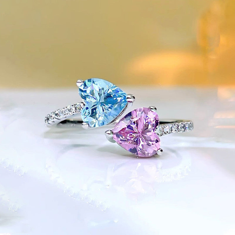 Aqua Blue Sapphire/Pink Topaz Cubic Zircon American Diamond Silver Plated Adjustable Ring