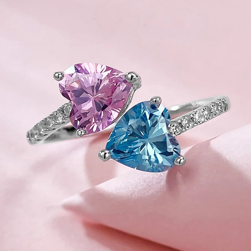 Aqua Blue Sapphire/Pink Topaz Cubic Zircon American Diamond Silver Plated Adjustable Ring