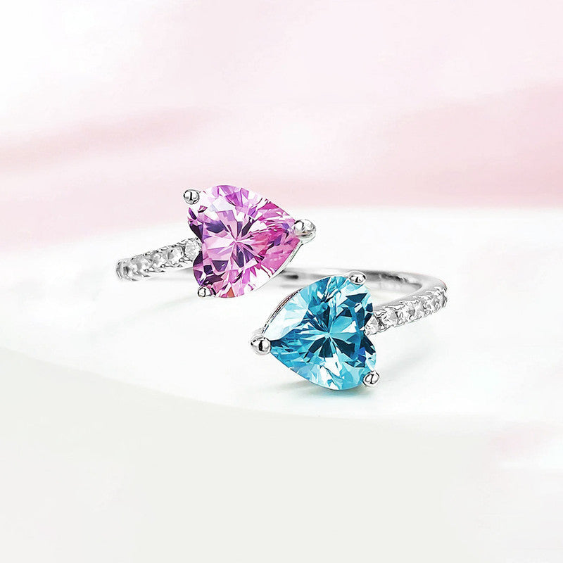 Aqua Blue Sapphire/Pink Topaz Cubic Zircon American Diamond Silver Plated Adjustable Ring