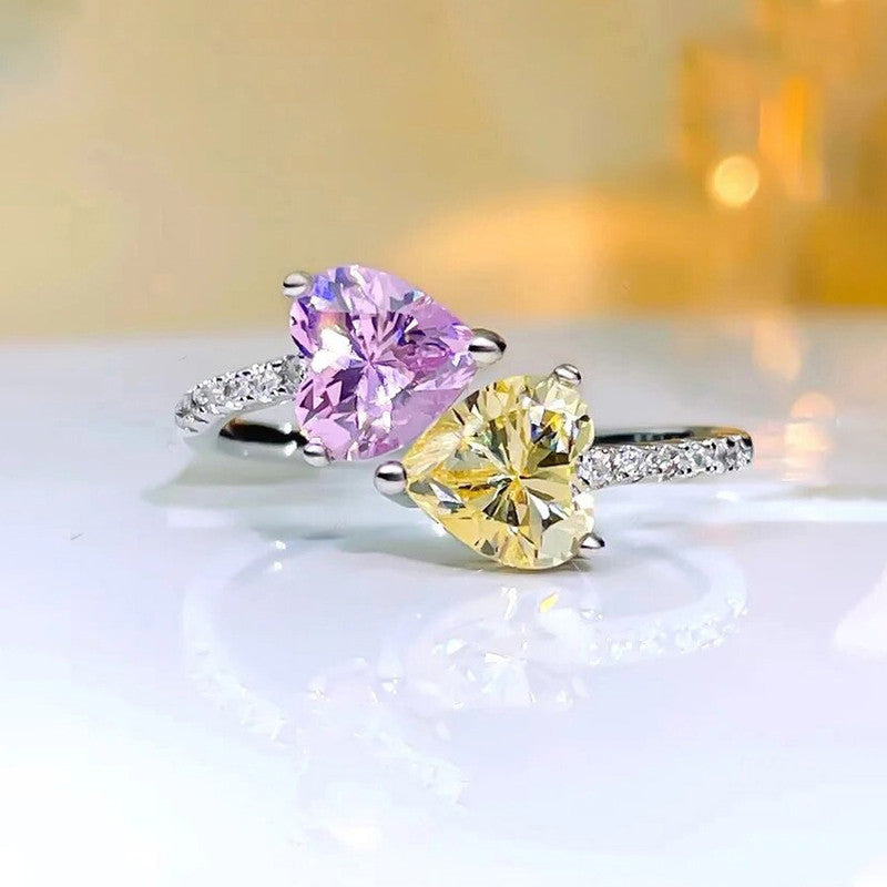 Yellow Topaz/Pink Topaz Cubic Zircon American Diamond Silver Plated Adjustable Ring