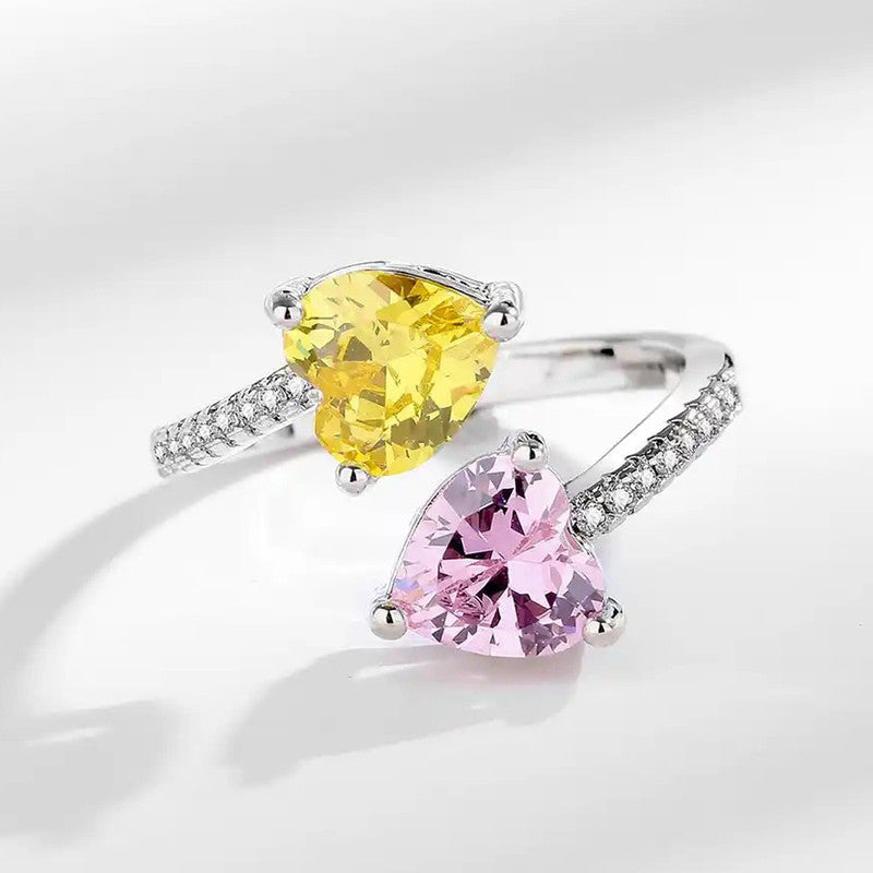 Yellow Topaz/Pink Topaz Cubic Zircon American Diamond Silver Plated Adjustable Ring