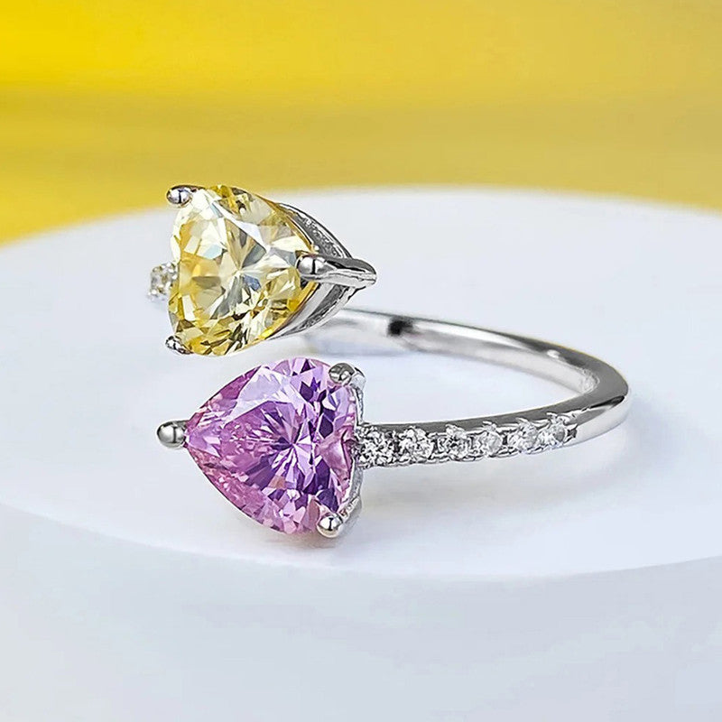 Yellow Topaz/Pink Topaz Cubic Zircon American Diamond Silver Plated Adjustable Ring