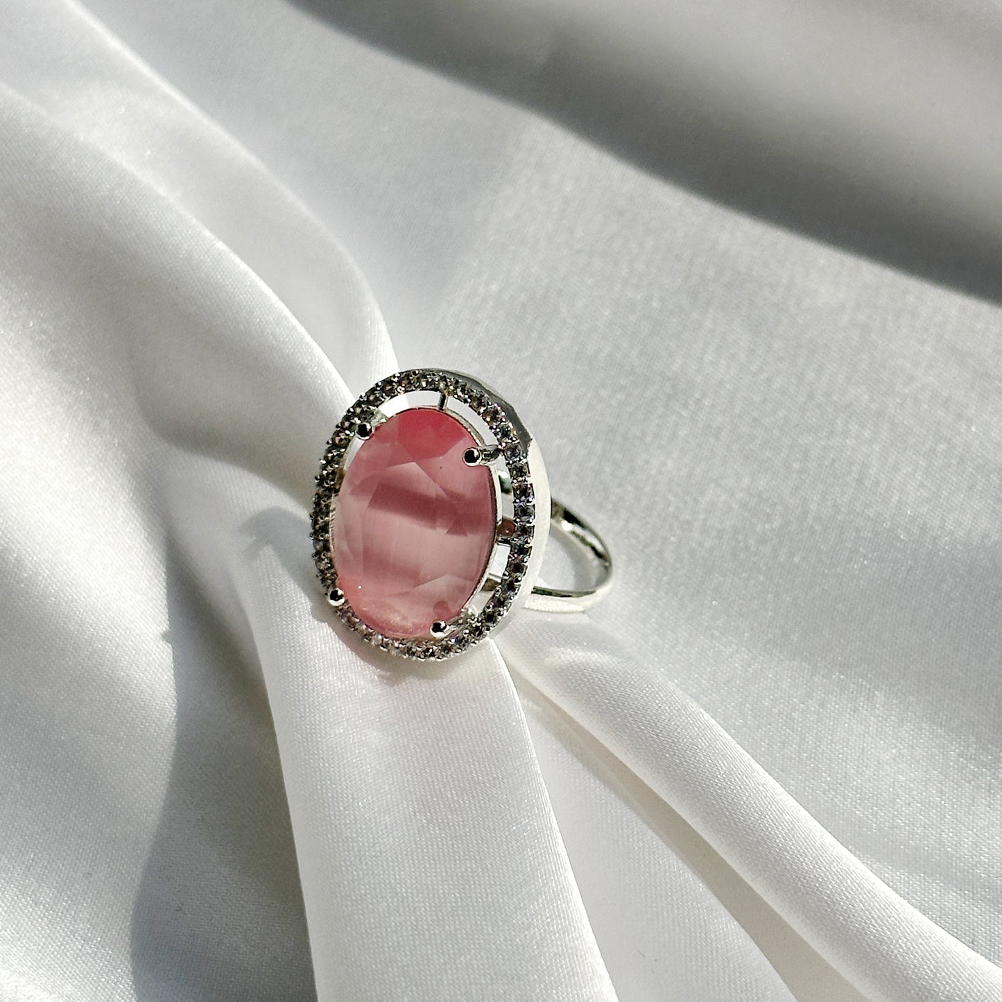 Pink Opal Cubic Zircon Stone American Diamond Silver Plated Adjustable Ring