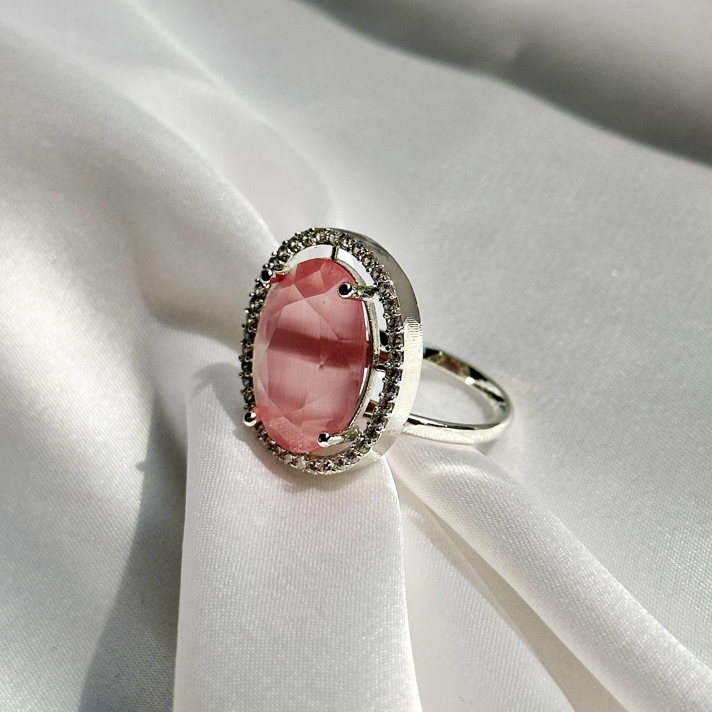 Pink Opal Cubic Zircon Stone American Diamond Silver Plated Adjustable Ring