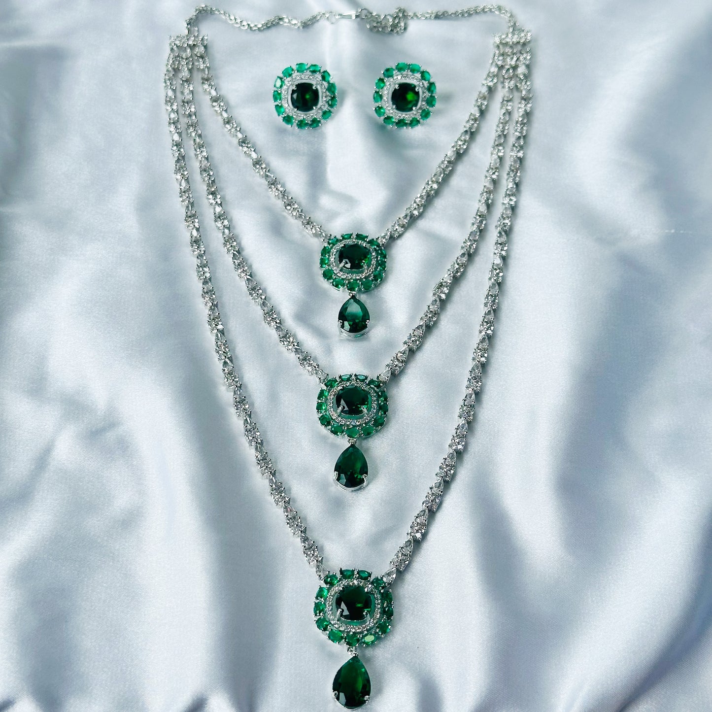 Green Emerald Cubic Zircon Stones American Diamond Silver Plated Rani Haar Necklace Set