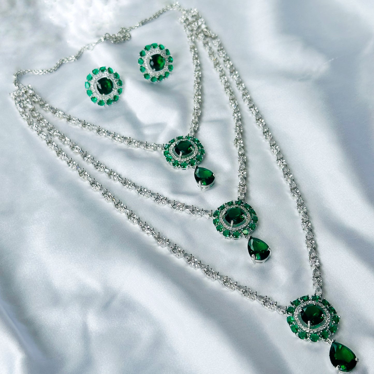 Green Emerald Cubic Zircon Stones American Diamond Silver Plated Rani Haar Necklace Set