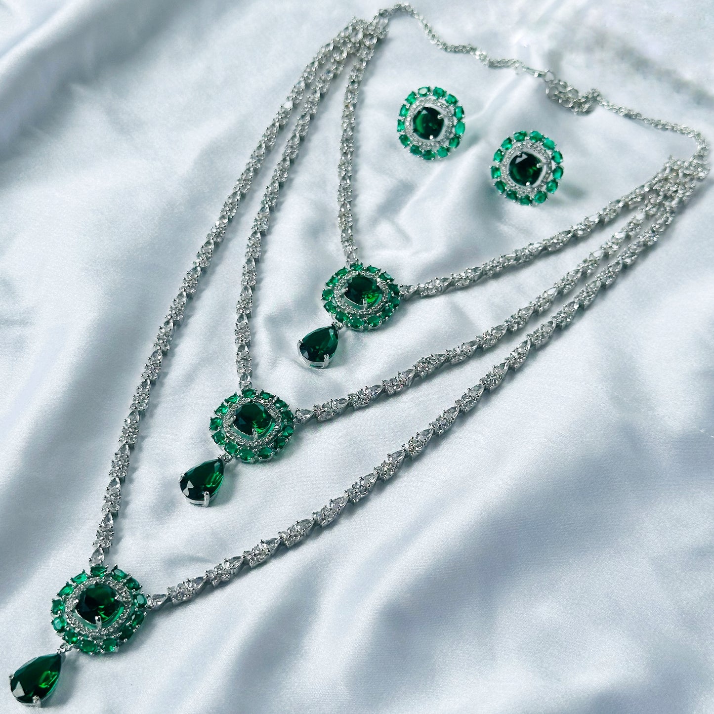 Green Emerald Cubic Zircon Stones American Diamond Silver Plated Rani Haar Necklace Set