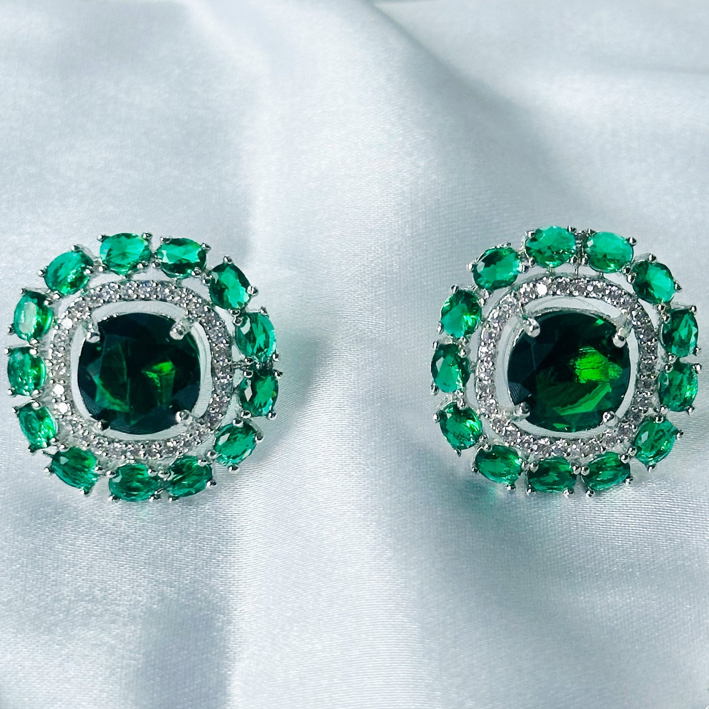 Green Emerald Cubic Zircon Stones American Diamond Silver Plated Rani Haar Necklace Set