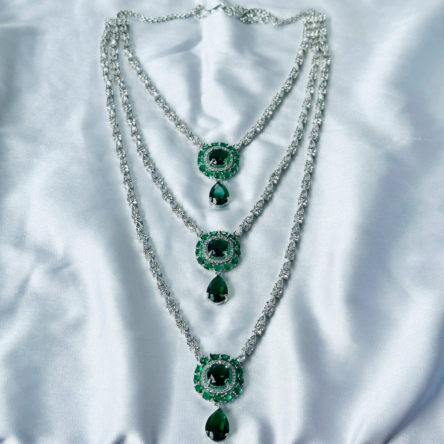 Green Emerald Cubic Zircon Stones American Diamond Silver Plated Rani Haar Necklace Set