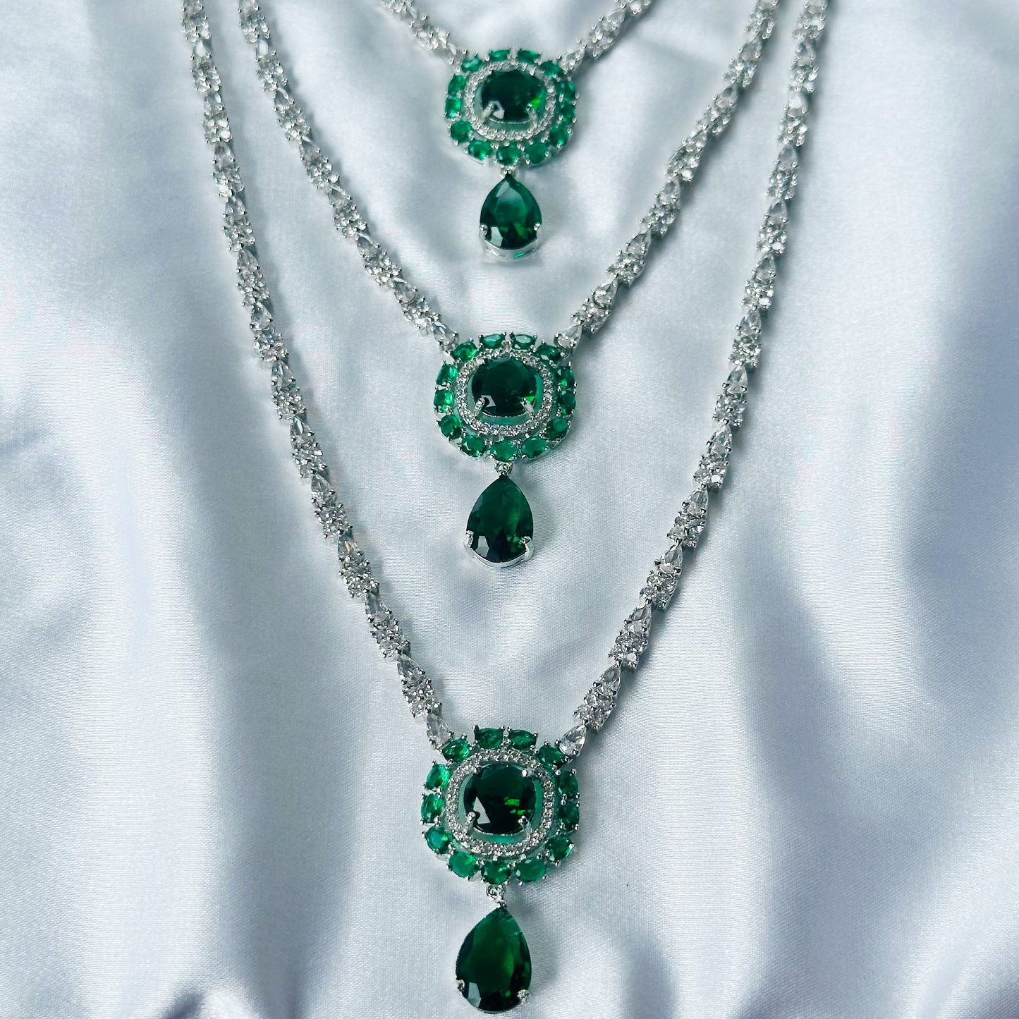 Green Emerald Cubic Zircon Stones American Diamond Silver Plated Rani Haar Necklace Set