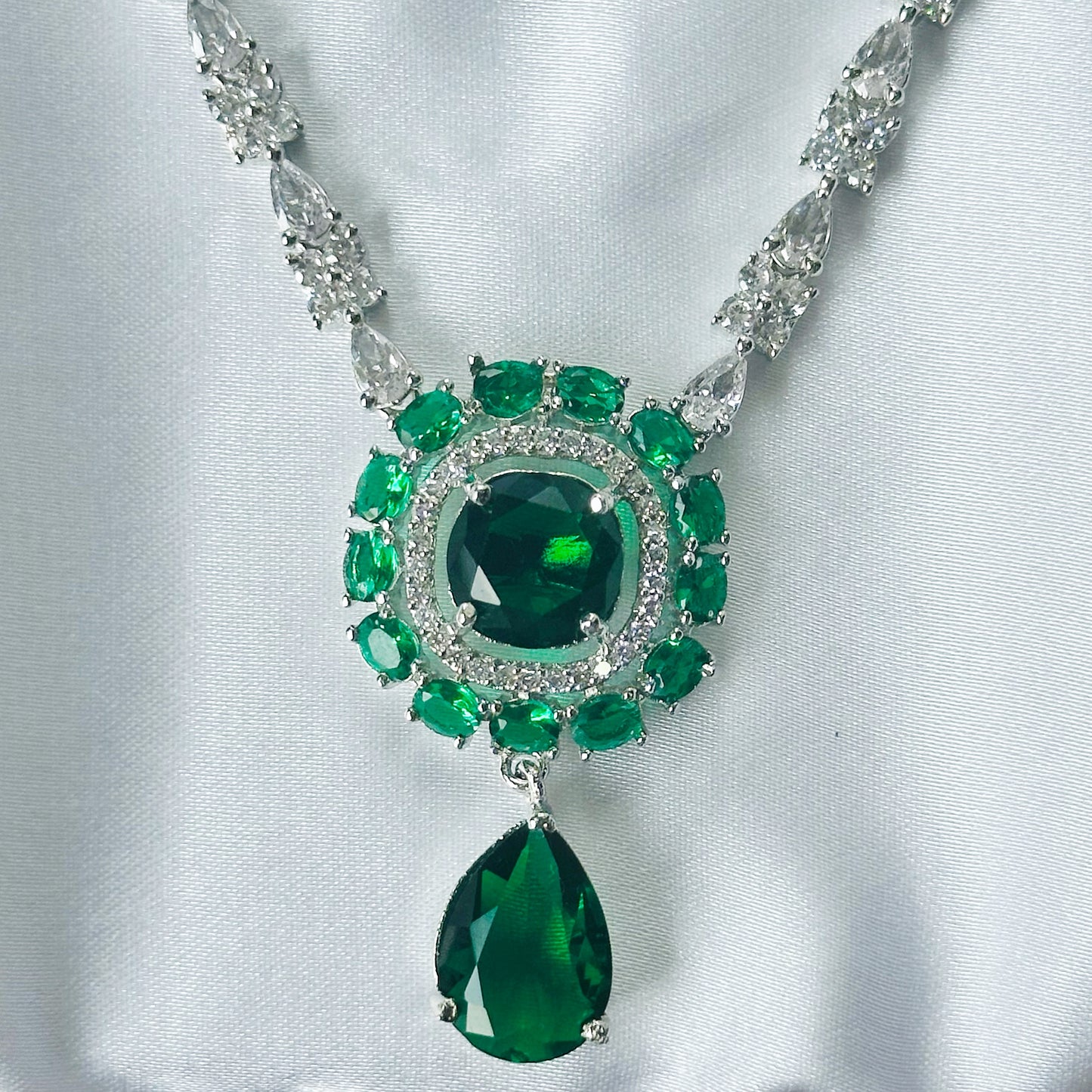 Green Emerald Cubic Zircon Stones American Diamond Silver Plated Rani Haar Necklace Set