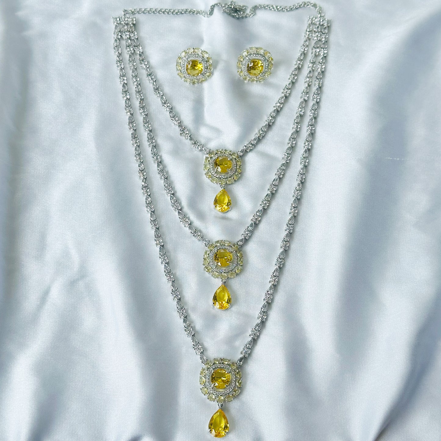 Yellow Topaz Cubic Zircon Stones American Diamond Silver Plated Rani Haar Necklace Set