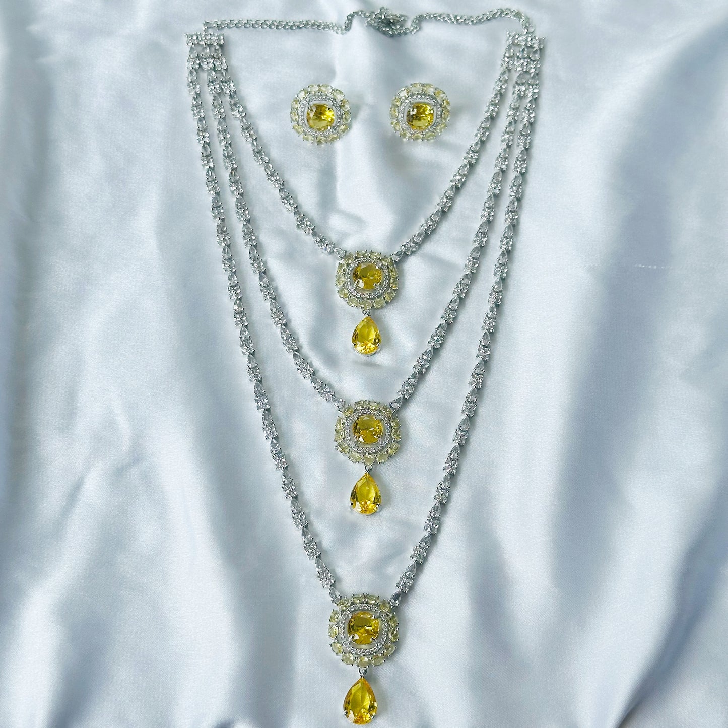 Yellow Topaz Cubic Zircon Stones American Diamond Silver Plated Rani Haar Necklace Set