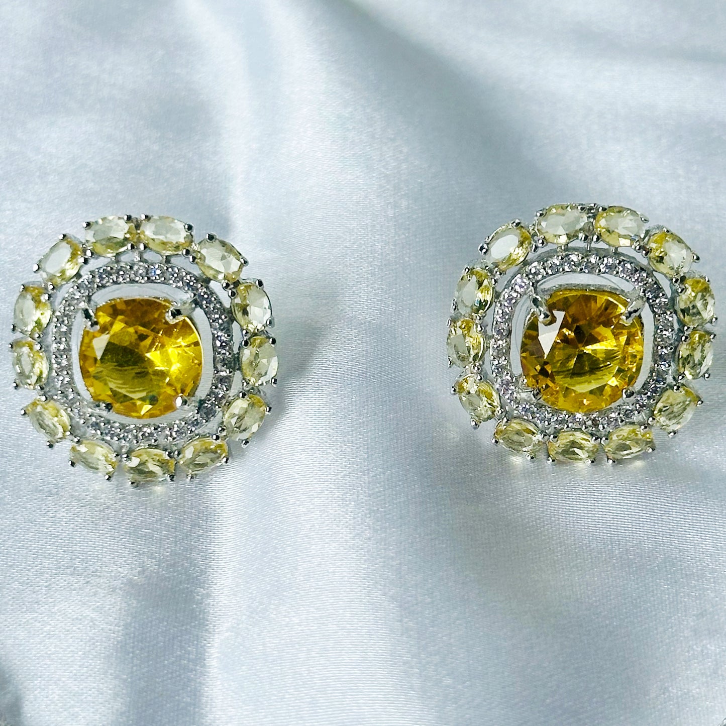 Yellow Topaz Cubic Zircon Stones American Diamond Silver Plated Rani Haar Necklace Set