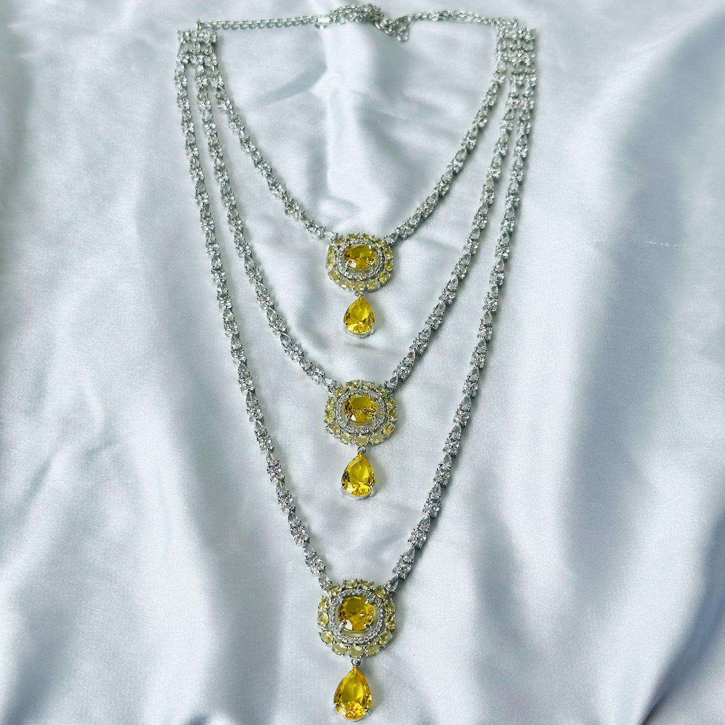 Yellow Topaz Cubic Zircon Stones American Diamond Silver Plated Rani Haar Necklace Set