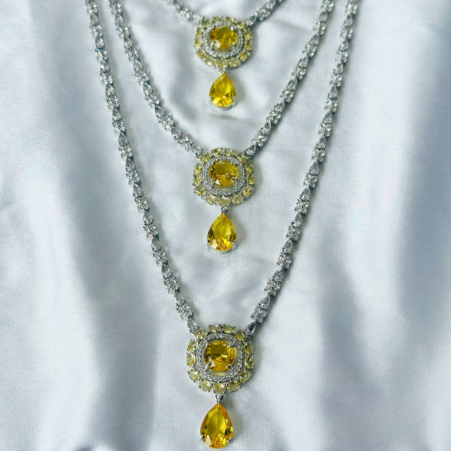Yellow Topaz Cubic Zircon Stones American Diamond Silver Plated Rani Haar Necklace Set